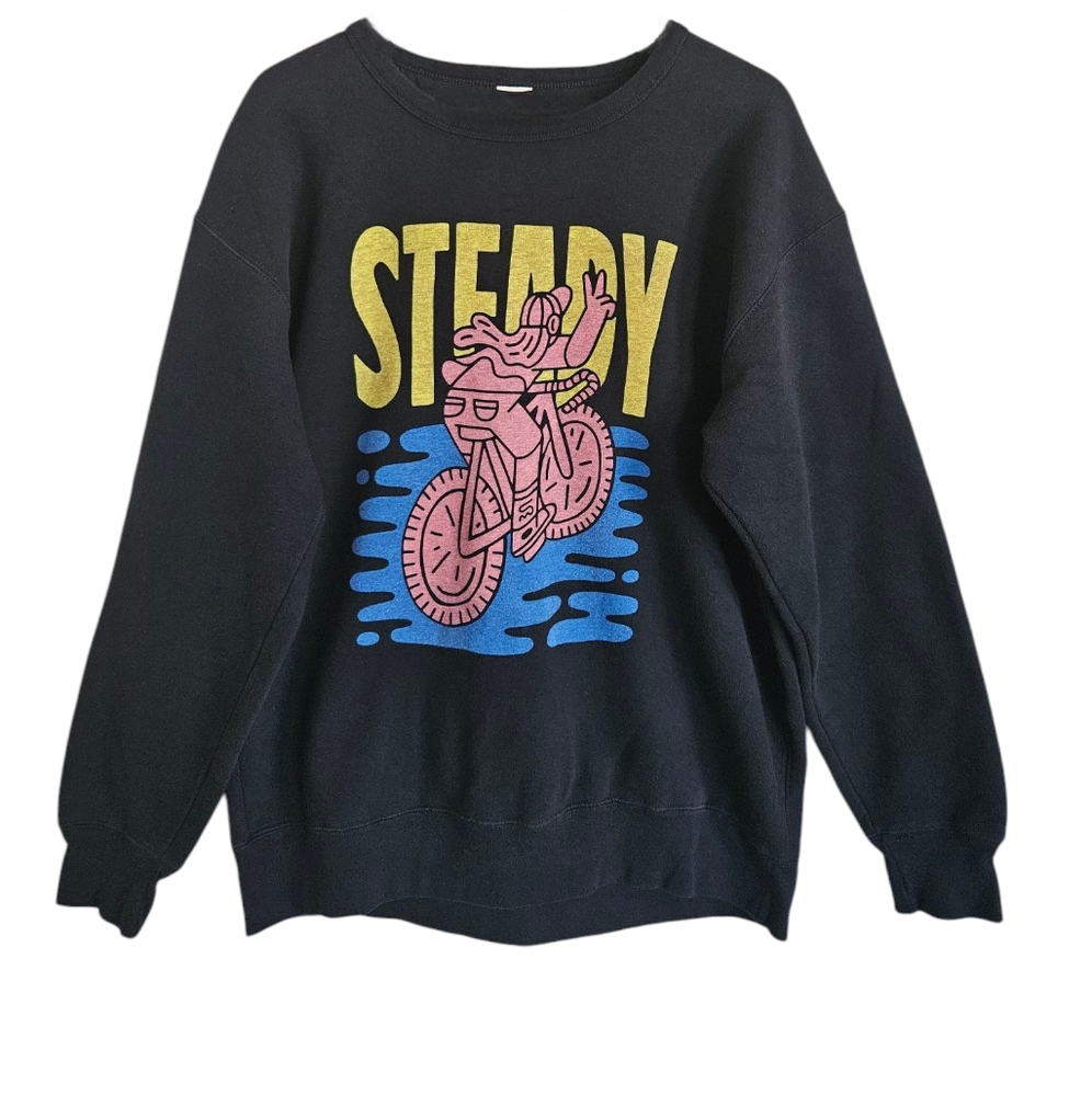 Black Graphic Print Long Sleeve Pullover Sweatshirt Size L